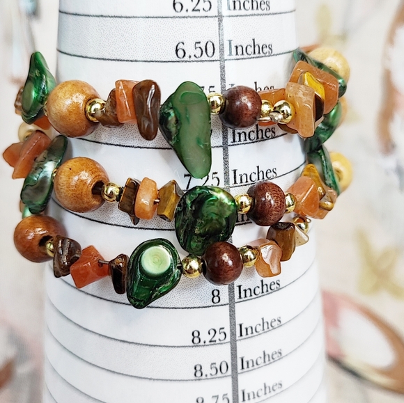 Stone Shell Wood Beaded Memory Wire Bracelet Gold Tone Mother Nature Organic EUC - Picture 2 of 7